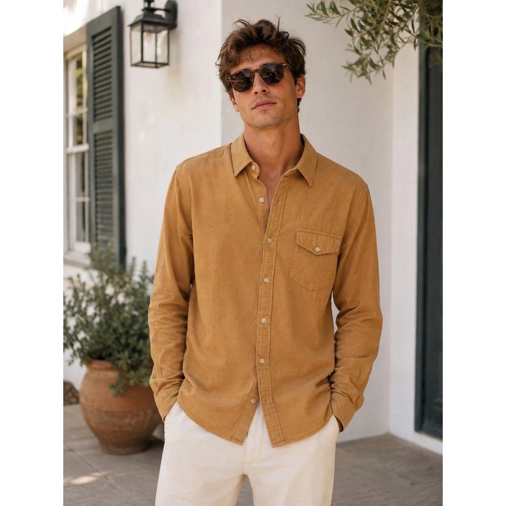 Criquet Corduroy Shirt Men XL Yellow Mustard Snap Button Down Long Sleeve Preppy
